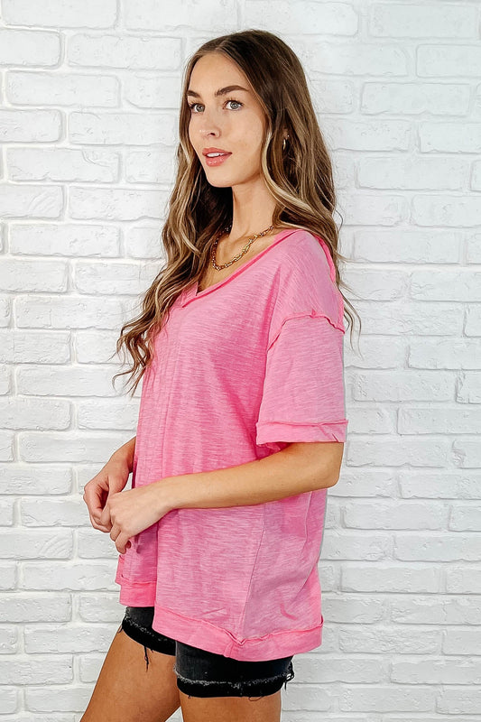 Basic Instinct Drop Shoulder V-Neck Tee in Pink
