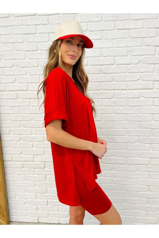 Comfy Cruising Top and Biker Shorts Set in Ruby