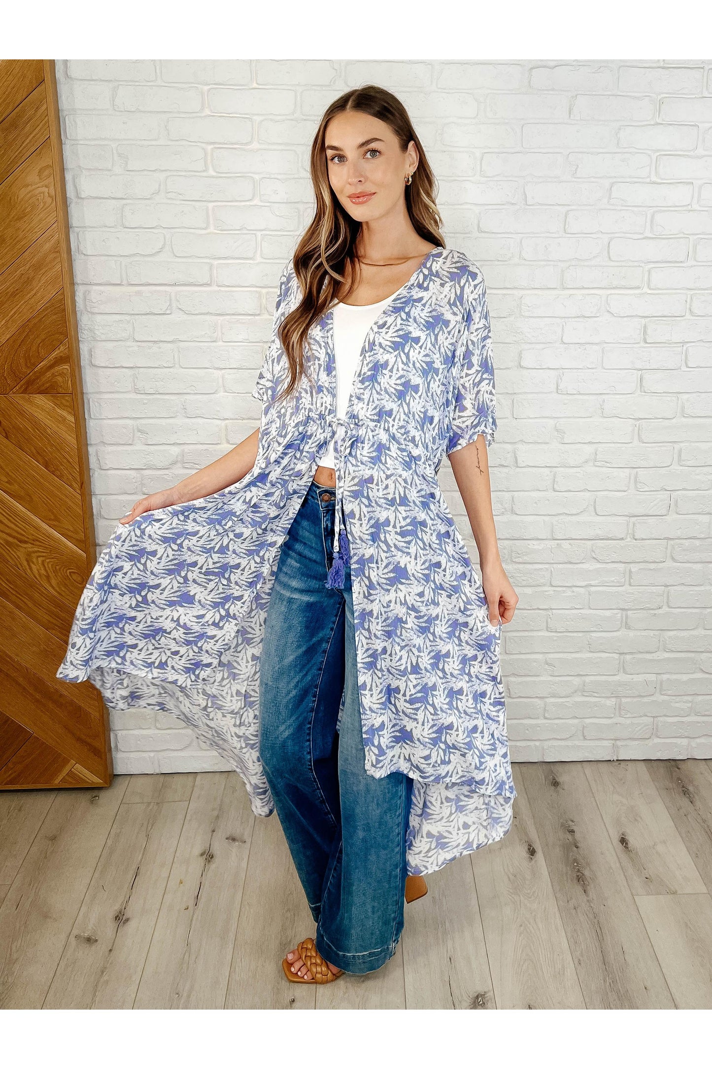 Tropical Print Gauze Kimono with Elastic Waist Tie in Periwinkle