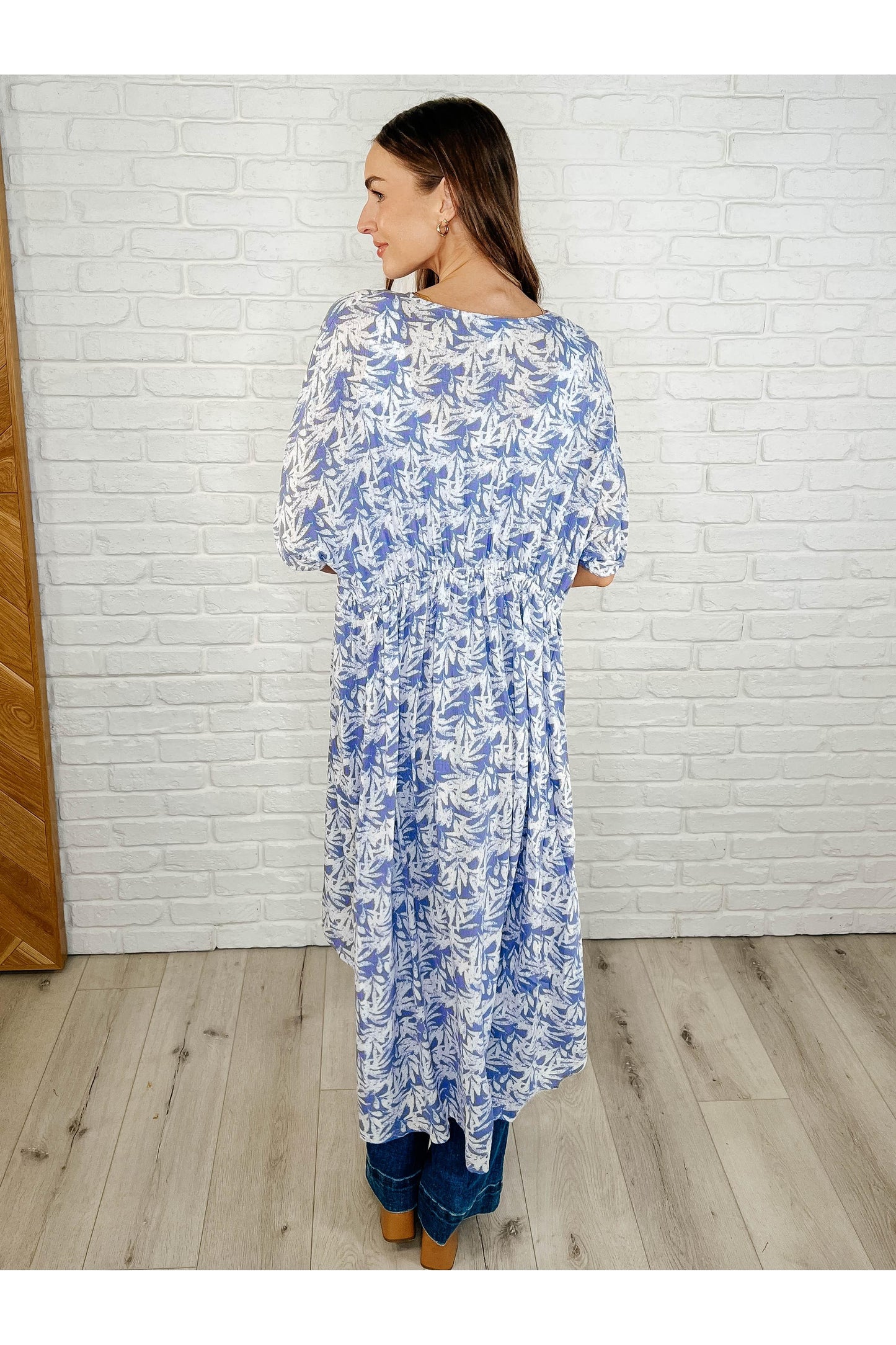 Tropical Print Gauze Kimono with Elastic Waist Tie in Periwinkle
