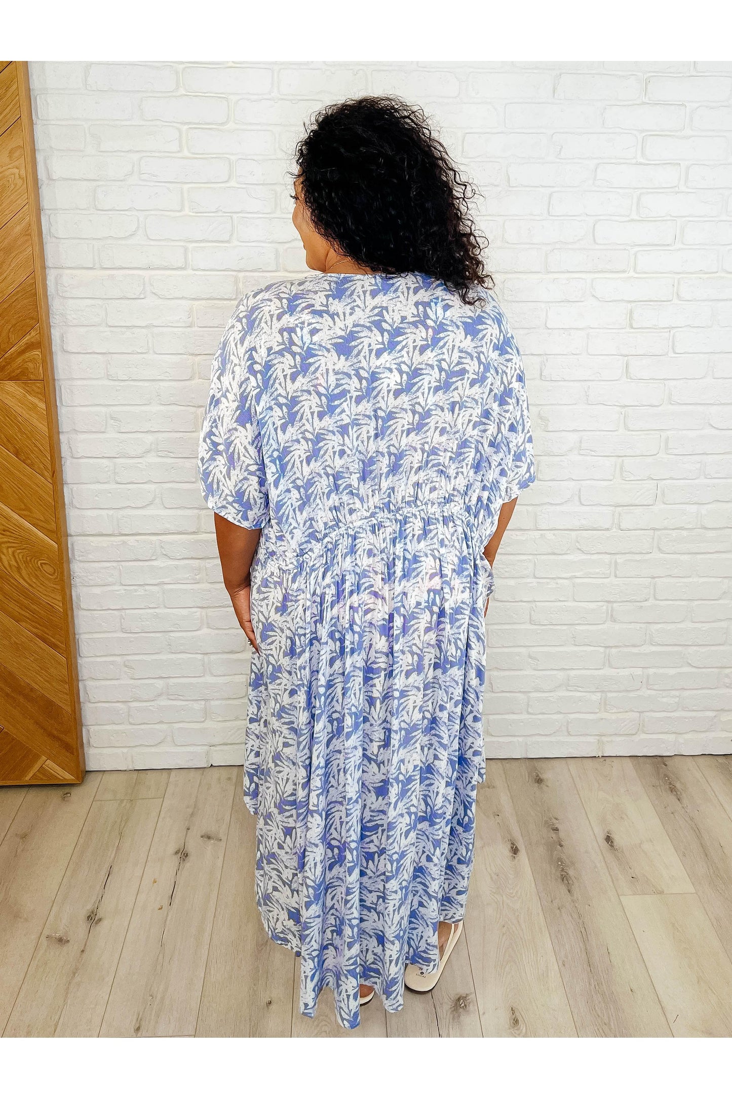 Tropical Print Gauze Kimono with Elastic Waist Tie in Periwinkle