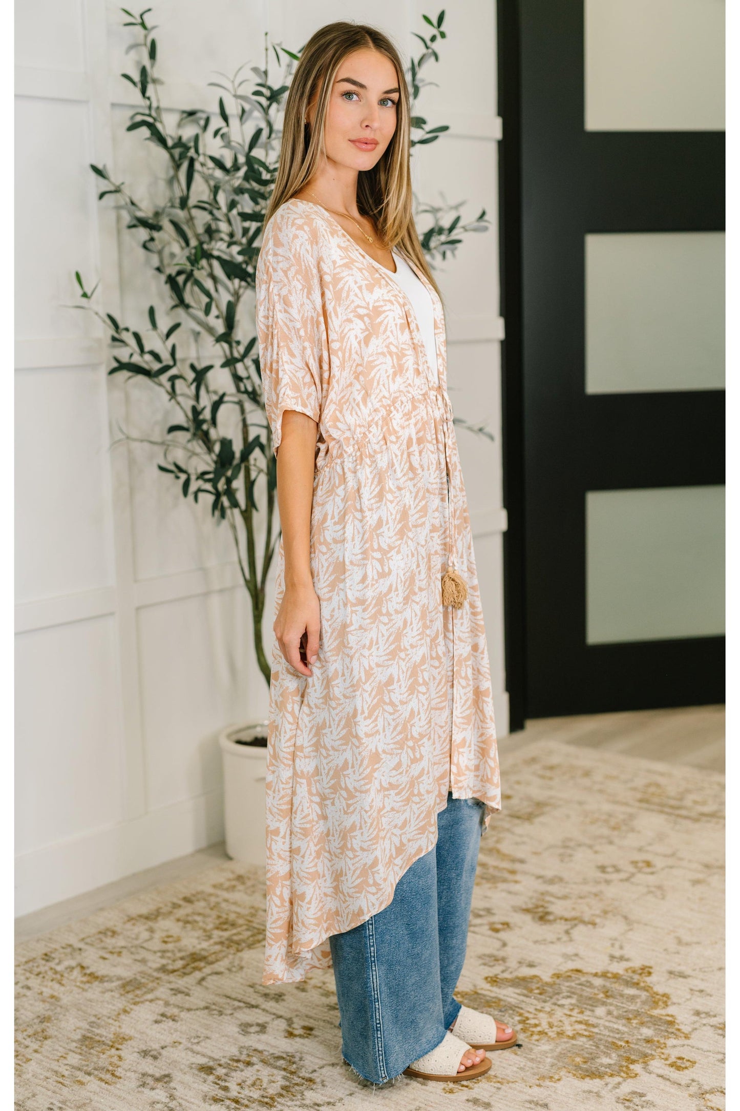 Tropical Print Gauze Kimono with Elastic Waist Tie in Milk Tea