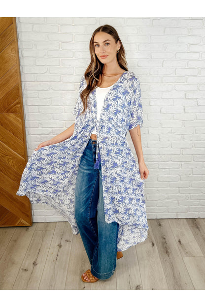 Tropical Print Gauze Kimono with Elastic Waist Tie in Periwinkle