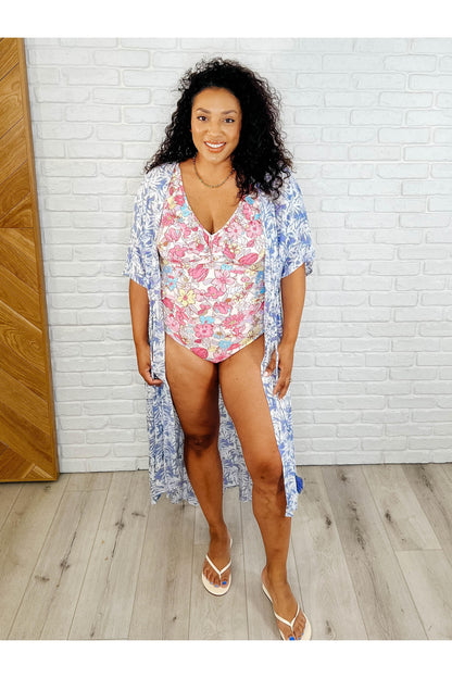 Tropical Print Gauze Kimono with Elastic Waist Tie in Periwinkle