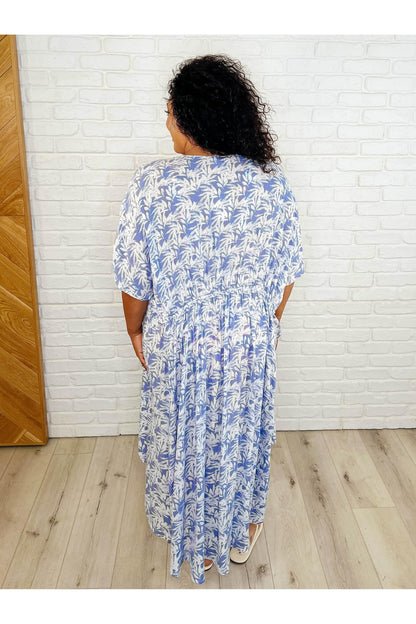 Tropical Print Gauze Kimono with Elastic Waist Tie in Periwinkle