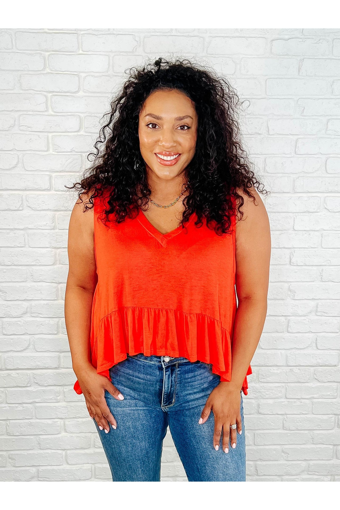 V-Neck Ruffled Peplum in Spicy Orange