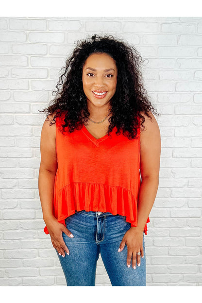 V-Neck Ruffled Peplum in Spicy Orange